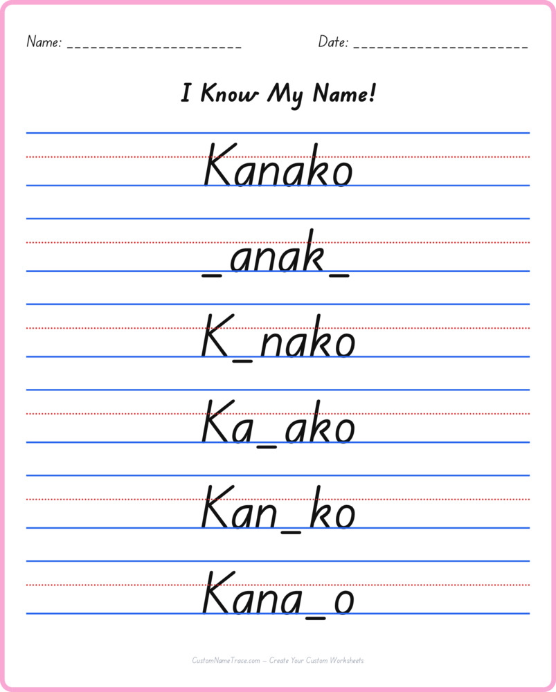 Free Kanako custom name tracing - fill-in-the-blank free worksheet
