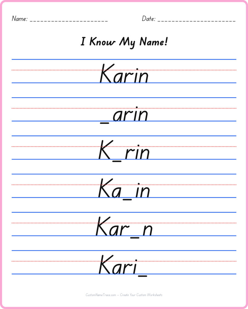 Free Karin custom name tracing - fill-in-the-blank free worksheet