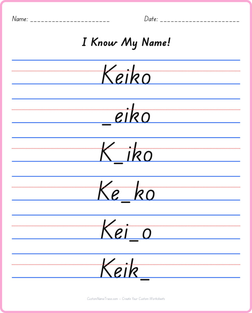 Free Keiko custom name tracing - fill-in-the-blank free worksheet