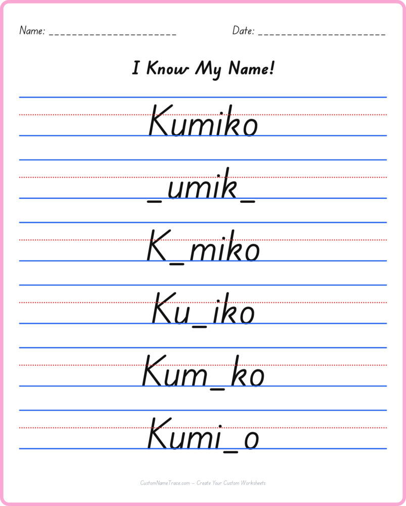 Free Kumiko custom name tracing - fill-in-the-blank free worksheet