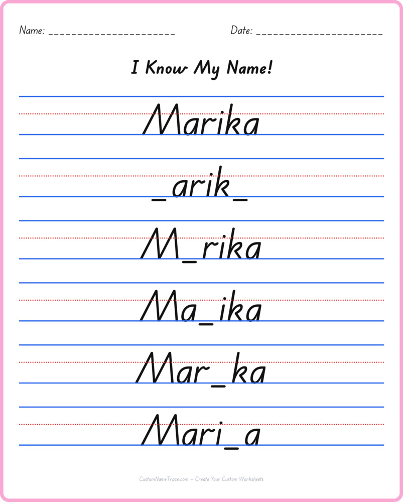 Free Marika custom name tracing - fill-in-the-blank free worksheet