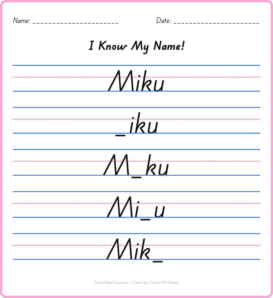 Free Miku custom name tracing - fill-in-the-blank free worksheet