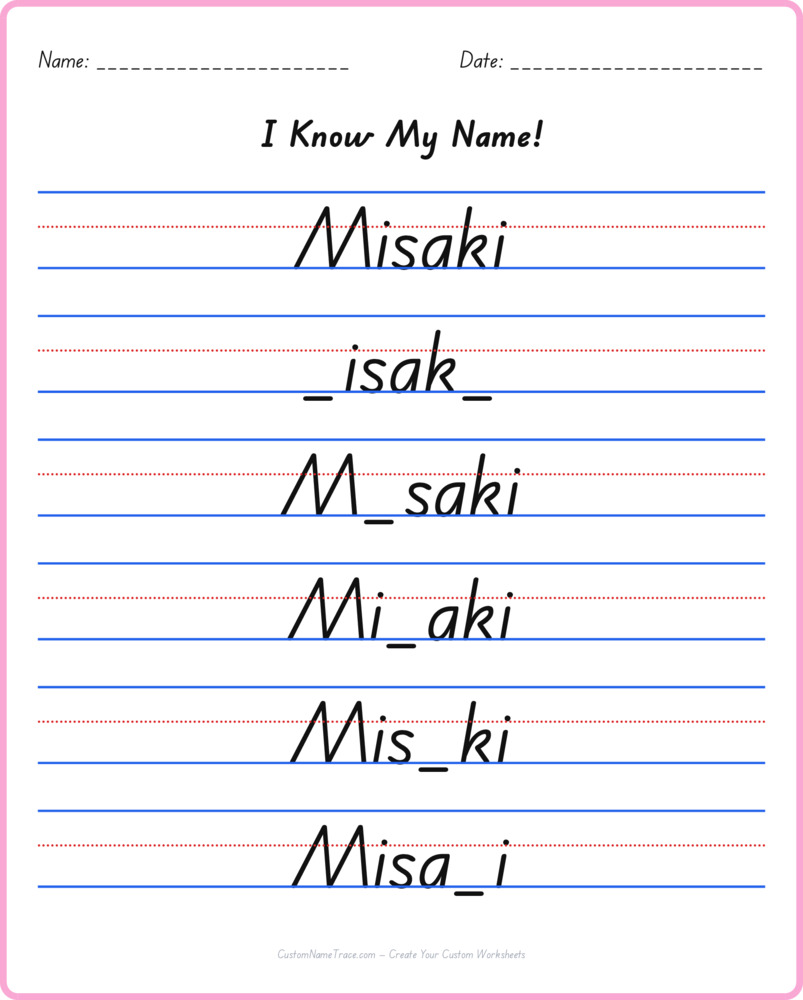 Free Misaki custom name tracing - fill-in-the-blank free worksheet