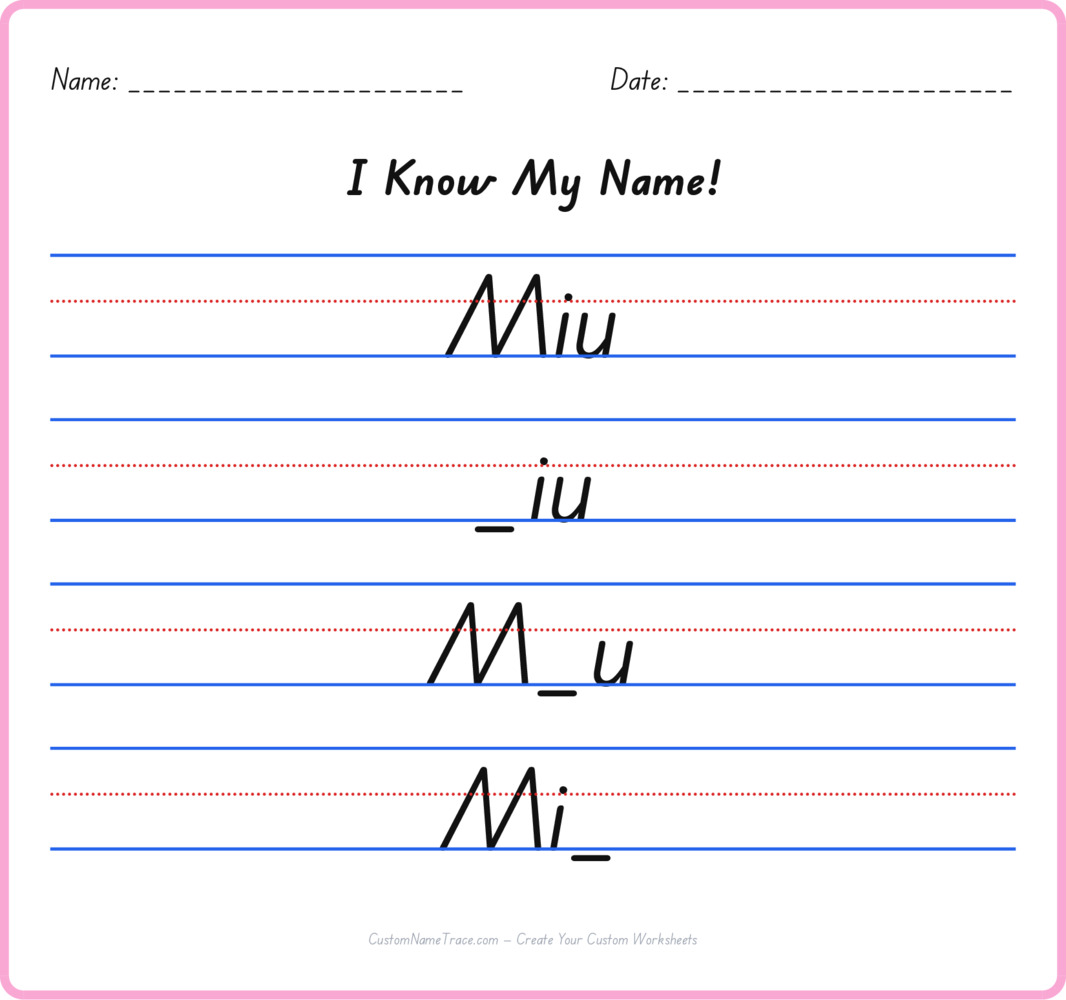 Free Miu custom name tracing - fill-in-the-blank free worksheet