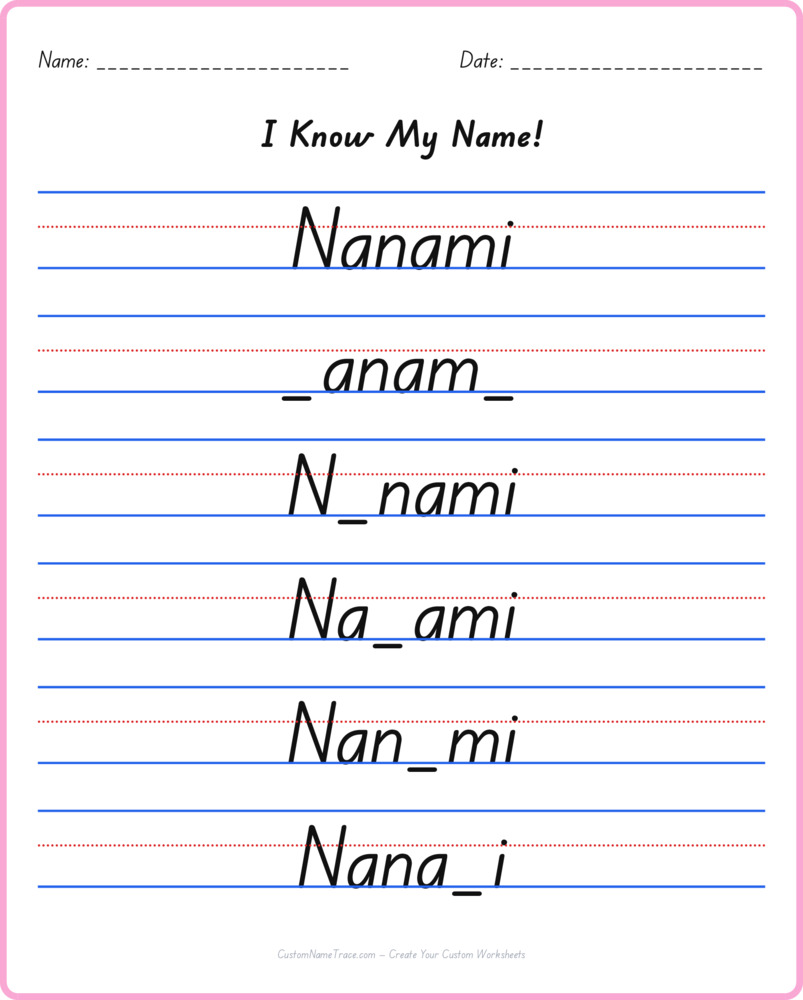 Free Nanami custom name tracing - fill-in-the-blank free worksheet