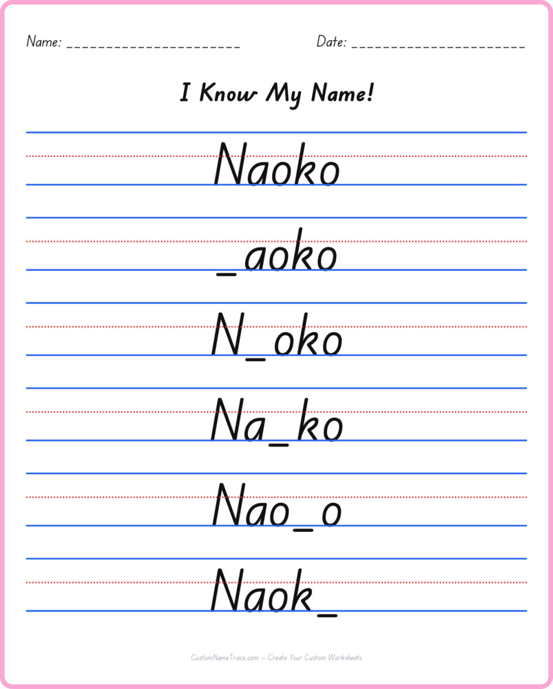 Free Naoko custom name tracing - fill-in-the-blank free worksheet