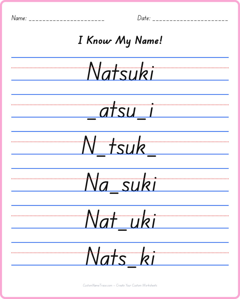Free Natsuki custom name tracing - fill-in-the-blank free worksheet