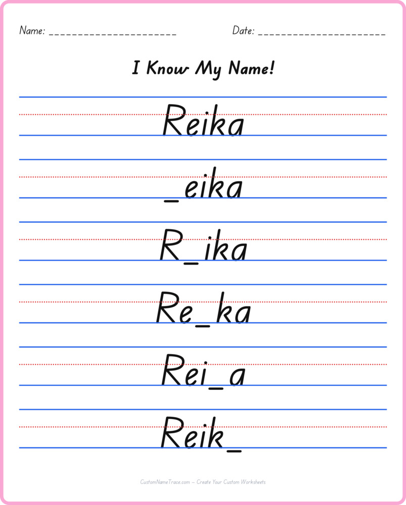 Free Reika custom name tracing - fill-in-the-blank free worksheet