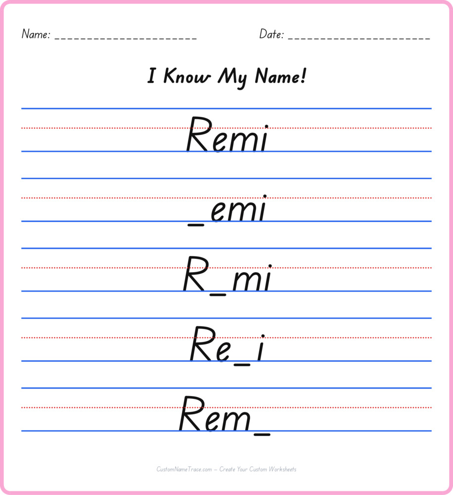Free Remi custom name tracing - fill-in-the-blank free worksheet