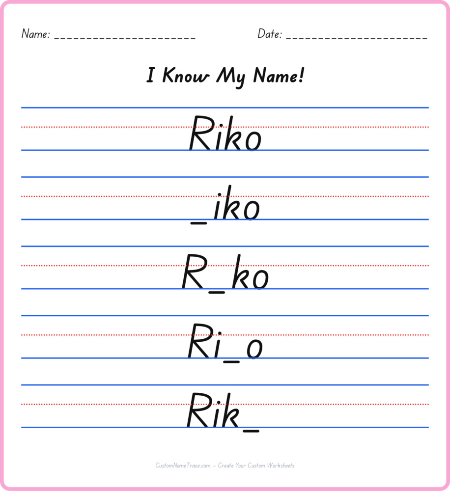 Free Riko custom name tracing - fill-in-the-blank free worksheet
