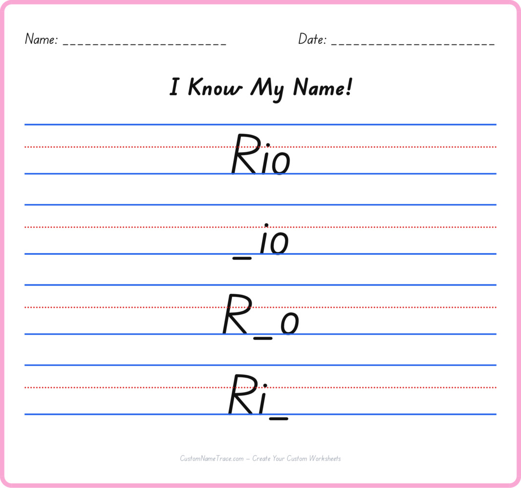 Free Rio custom name tracing - fill-in-the-blank free worksheet