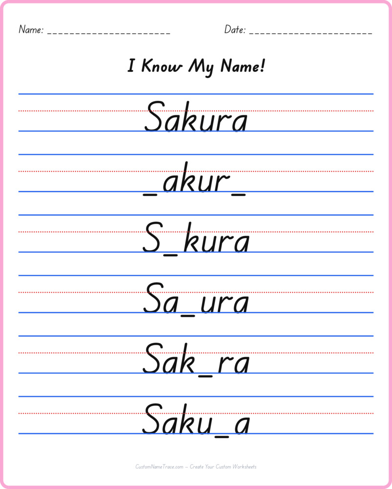 Free Sakura custom name tracing - fill-in-the-blank free worksheet