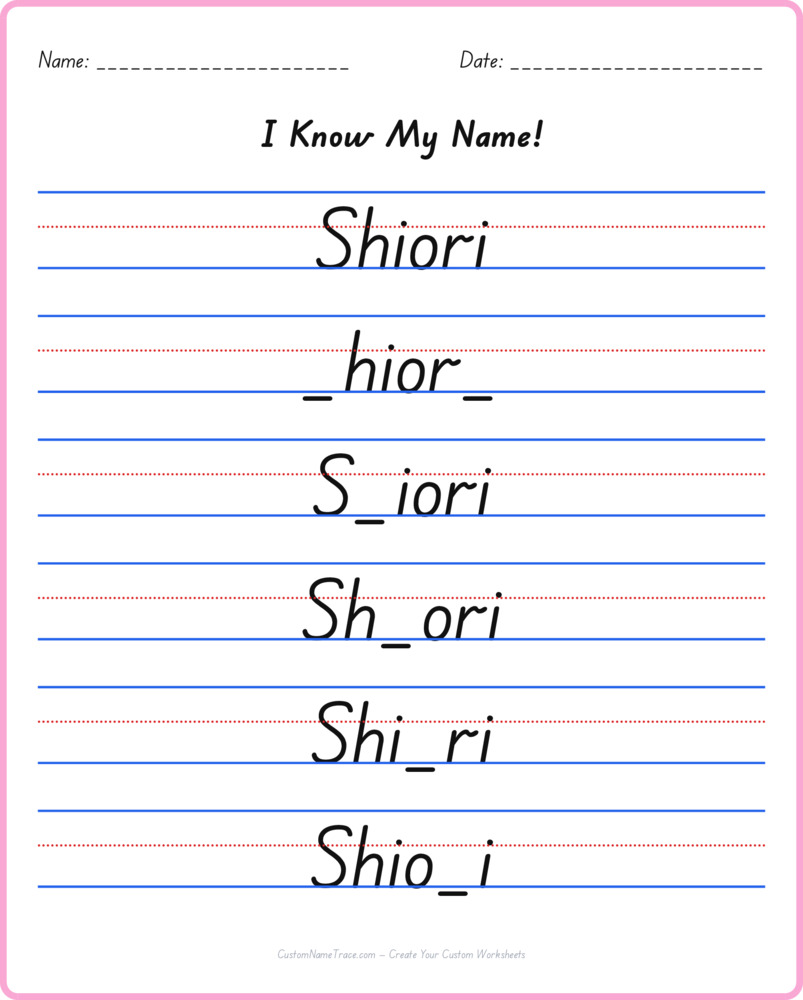 Free Shiori custom name tracing - fill-in-the-blank free worksheet