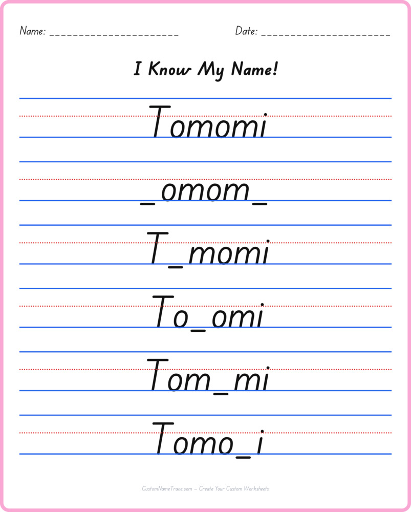Free Tomomi custom name tracing - fill-in-the-blank free worksheet
