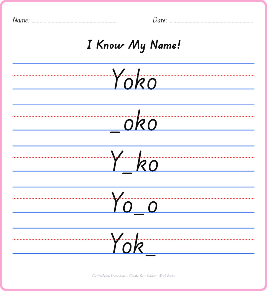 Free Yoko custom name tracing - fill-in-the-blank free worksheet