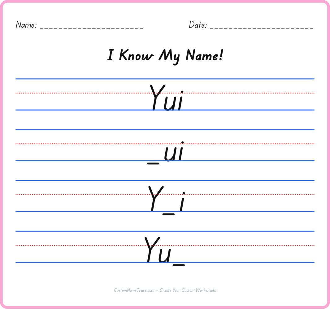Free Yui custom name tracing - fill-in-the-blank free worksheet