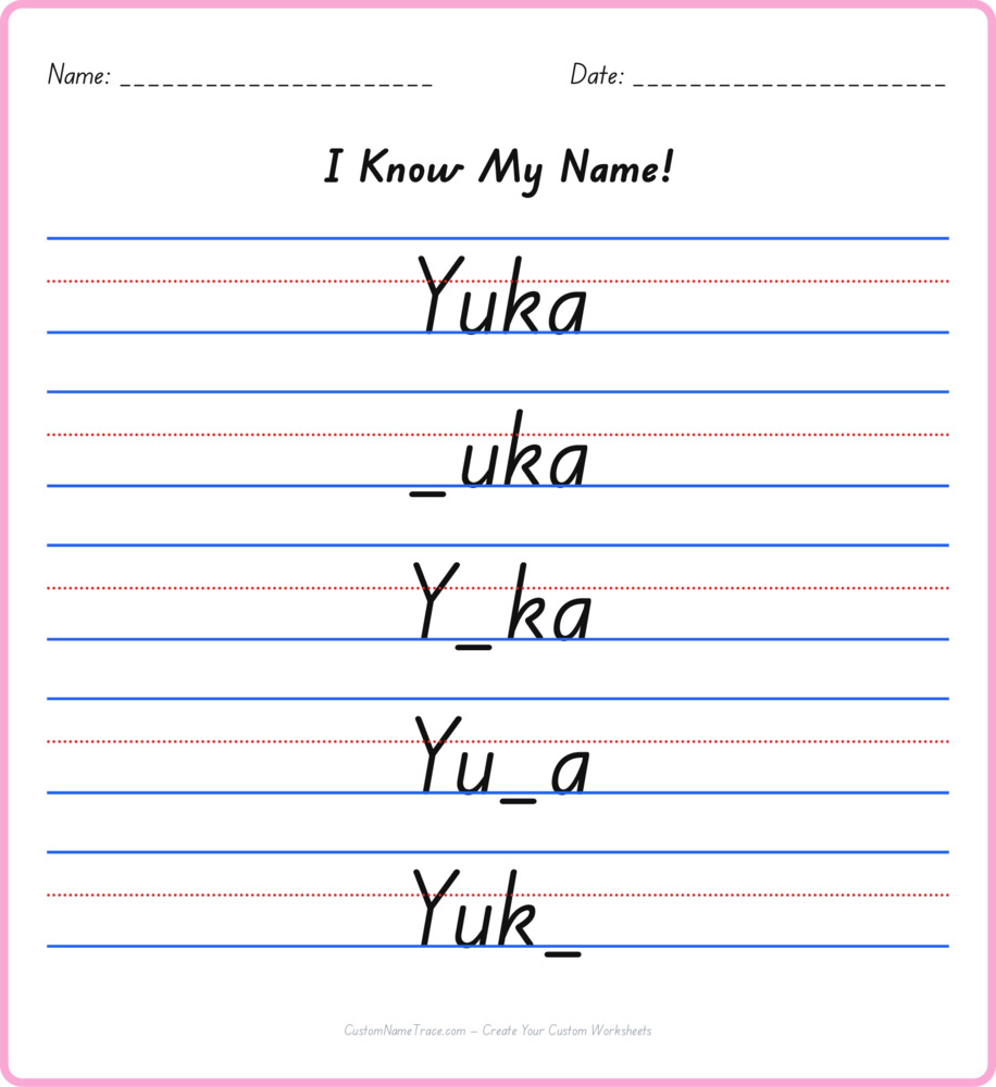 Free Yuka custom name tracing - fill-in-the-blank free worksheet