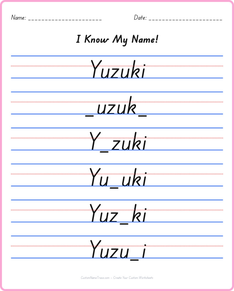Free Yuzuki custom name tracing - fill-in-the-blank free worksheet