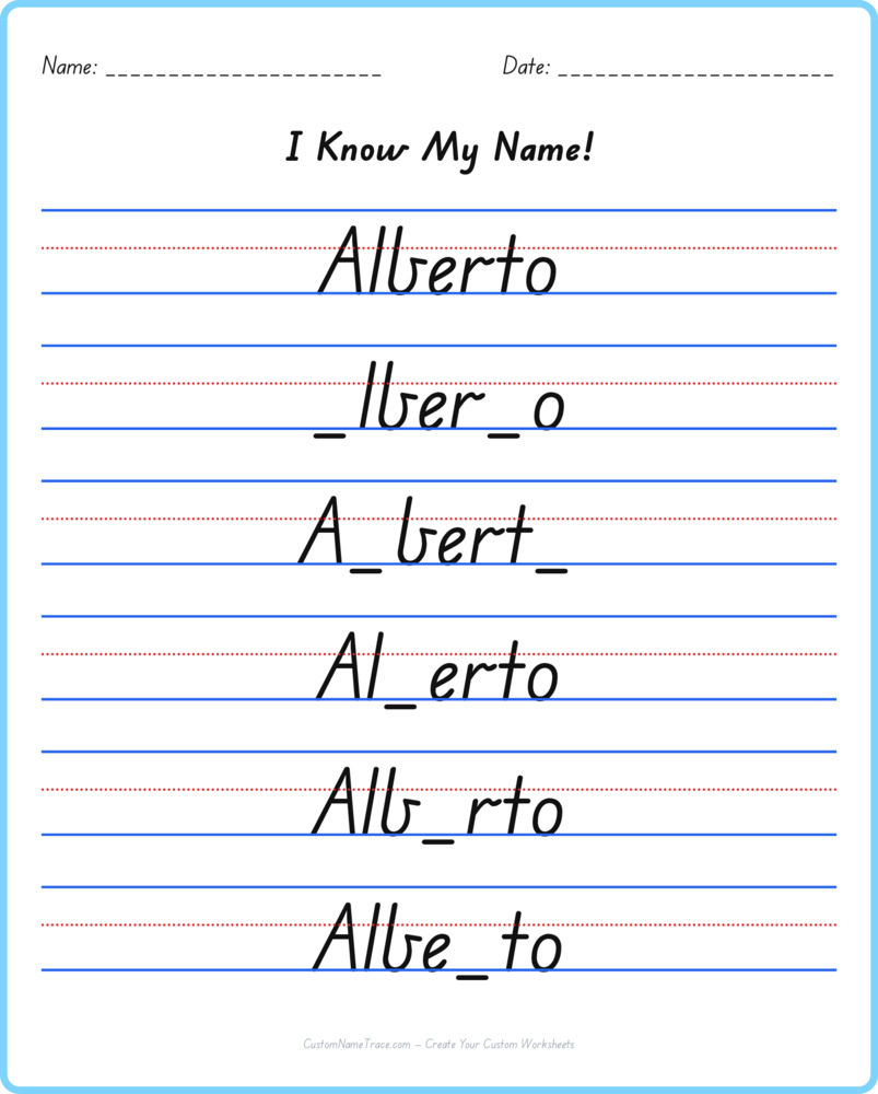 Free Alberto custom name tracing - fill-in-the-blank free worksheet