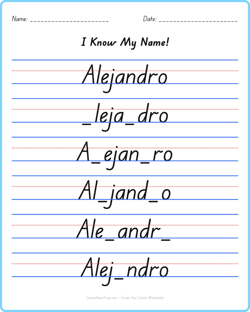 Free Alejandro custom name tracing - fill-in-the-blank free worksheet