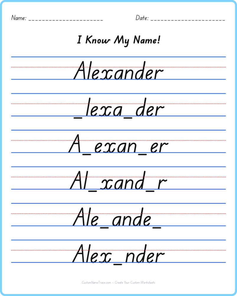 Free Alexander custom name tracing - fill-in-the-blank free worksheet