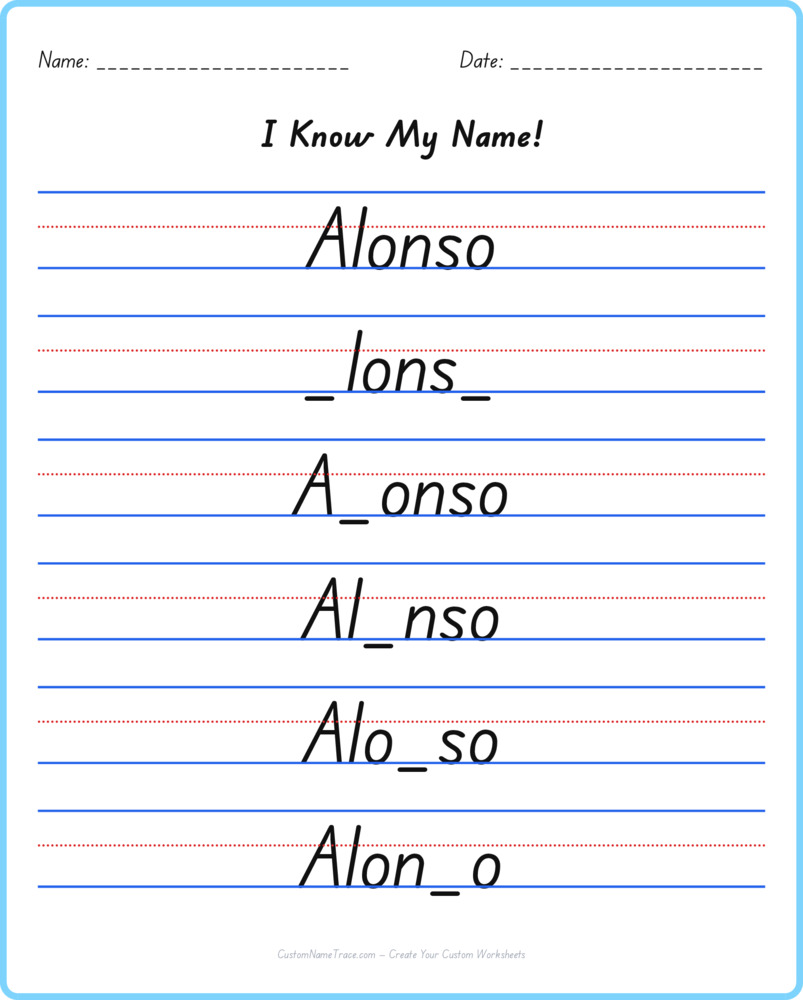 Free Alonso custom name tracing - fill-in-the-blank free worksheet
