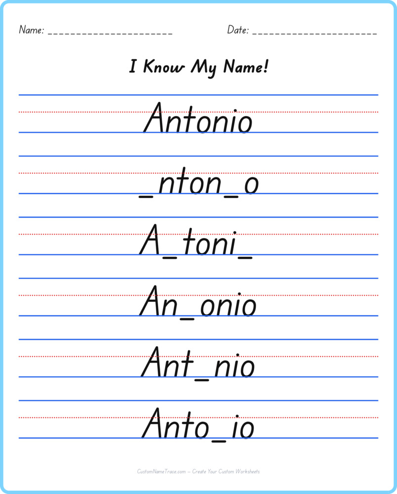 Free Antonio custom name tracing - fill-in-the-blank free worksheet
