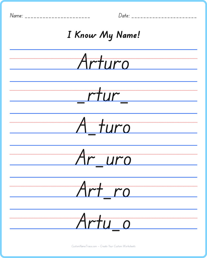 Free Arturo custom name tracing - fill-in-the-blank free worksheet