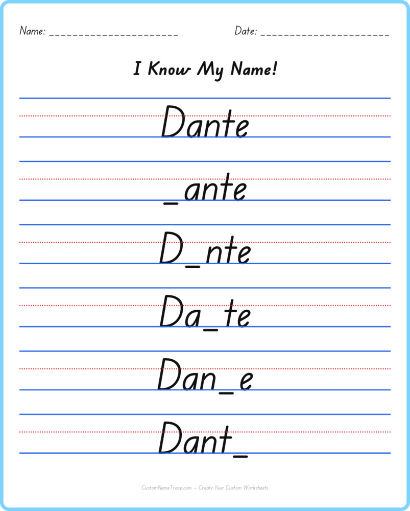 Free Dante custom name tracing - fill-in-the-blank free worksheet