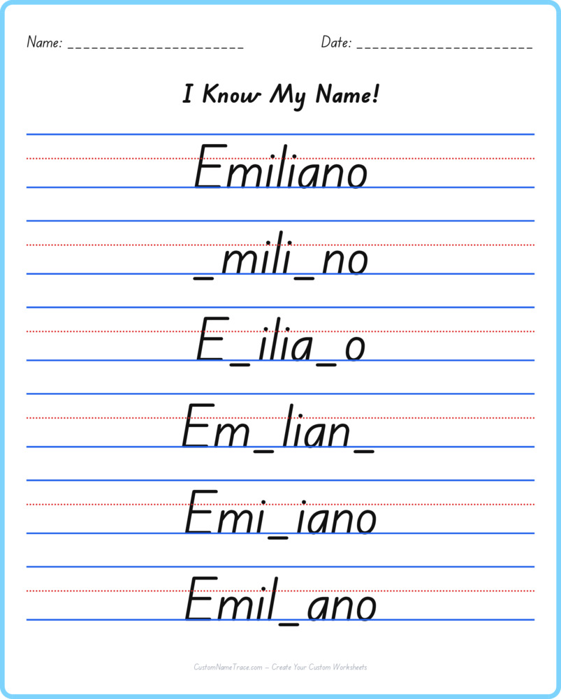 Free Emiliano custom name tracing - fill-in-the-blank free worksheet