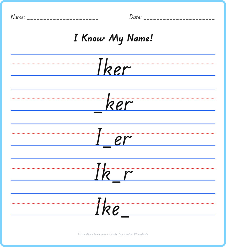 Free Iker custom name tracing - fill-in-the-blank free worksheet