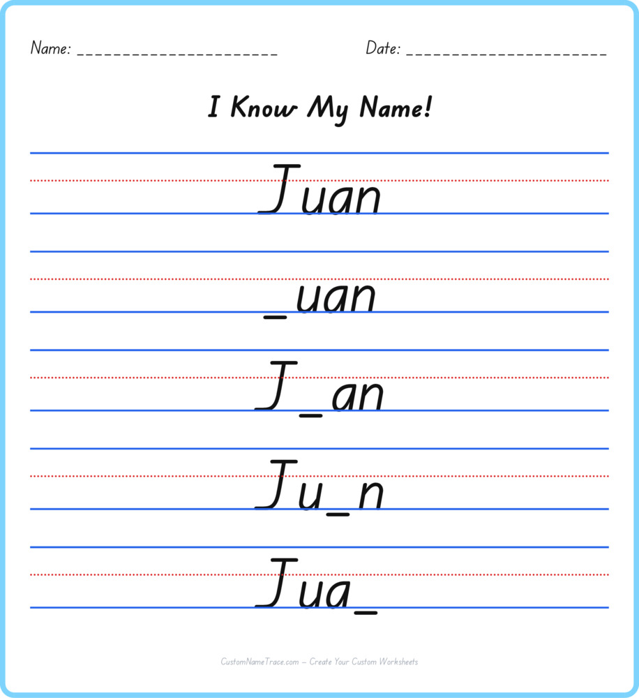 Free Juan custom name tracing - fill-in-the-blank free worksheet
