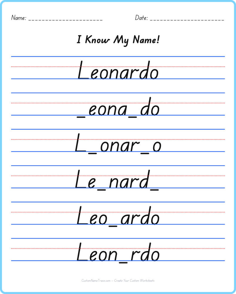 Free Leonardo custom name tracing - fill-in-the-blank free worksheet