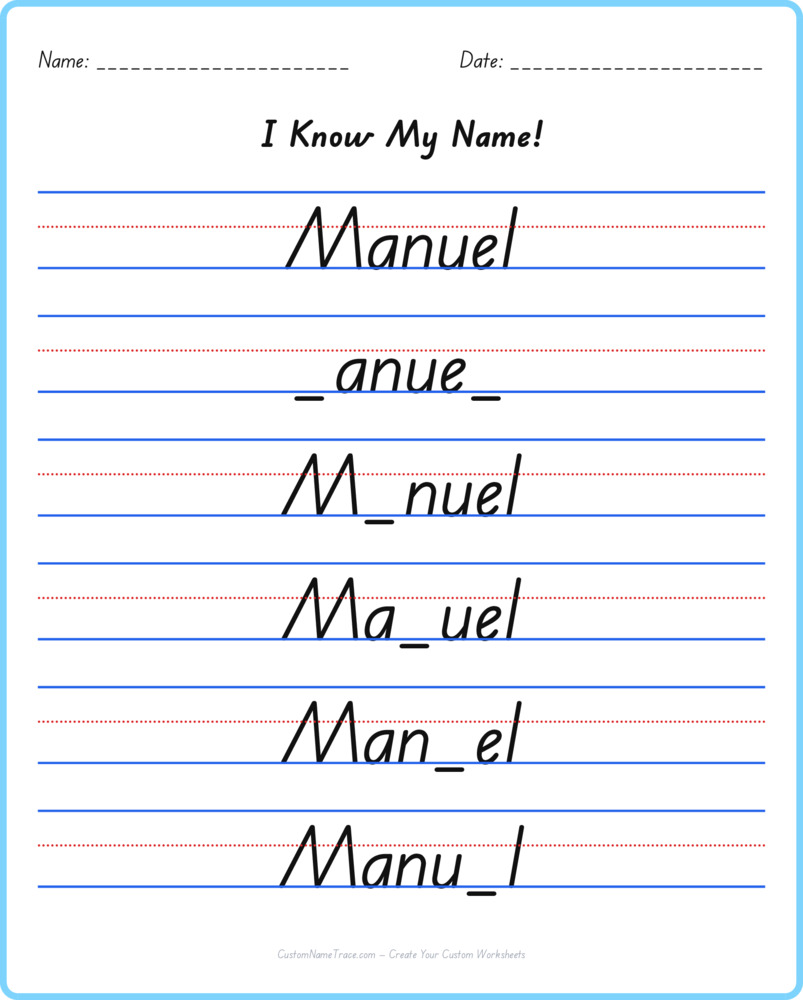 Free Manuel custom name tracing - fill-in-the-blank free worksheet