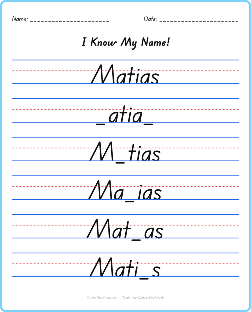Free Matias custom name tracing - fill-in-the-blank free worksheet