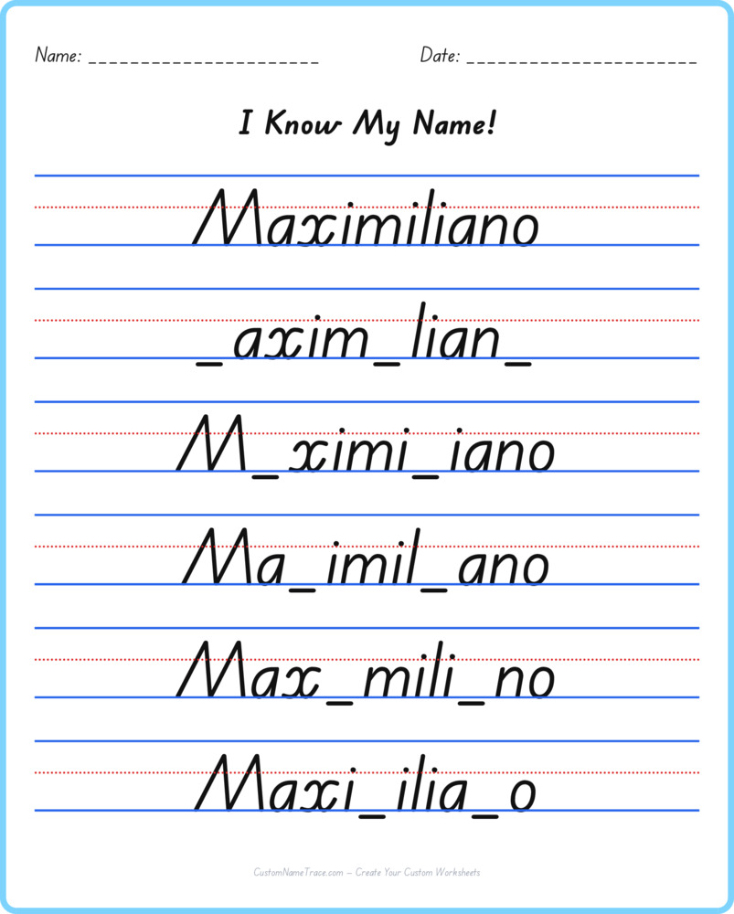 Free Maximiliano custom name tracing - fill-in-the-blank free worksheet