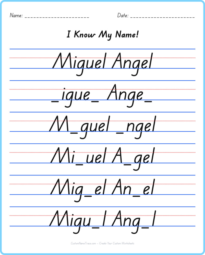 Free Miguel Angel custom name tracing - fill-in-the-blank free worksheet