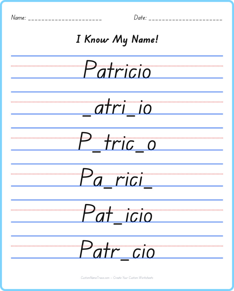 Free Patricio custom name tracing - fill-in-the-blank free worksheet
