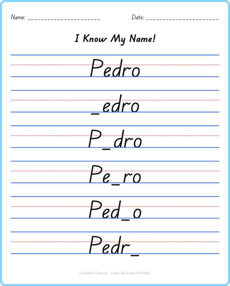 Free Pedro custom name tracing - fill-in-the-blank free worksheet