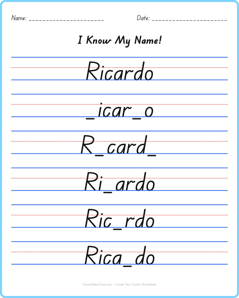 Free Ricardo custom name tracing - fill-in-the-blank free worksheet
