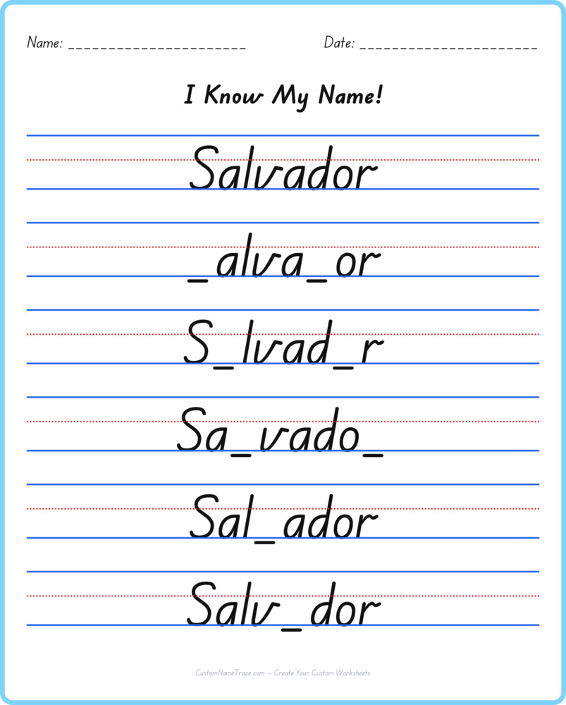 Free Salvador custom name tracing - fill-in-the-blank free worksheet
