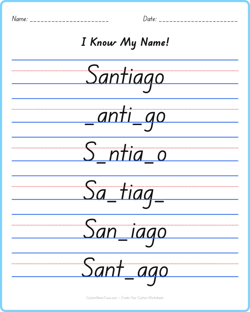 Free Santiago custom name tracing - fill-in-the-blank free worksheet