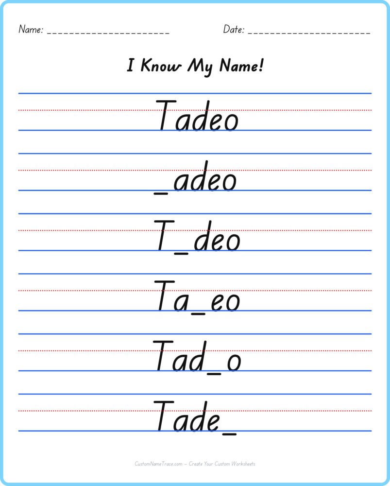 Free Tadeo custom name tracing - fill-in-the-blank free worksheet