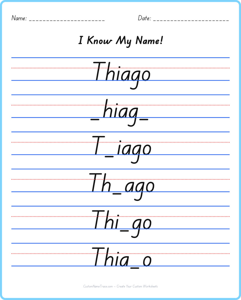 Free Thiago custom name tracing - fill-in-the-blank free worksheet