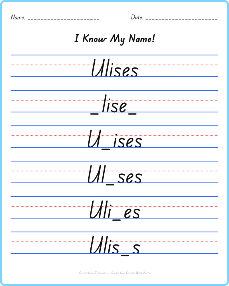 Free Ulises custom name tracing - fill-in-the-blank free worksheet