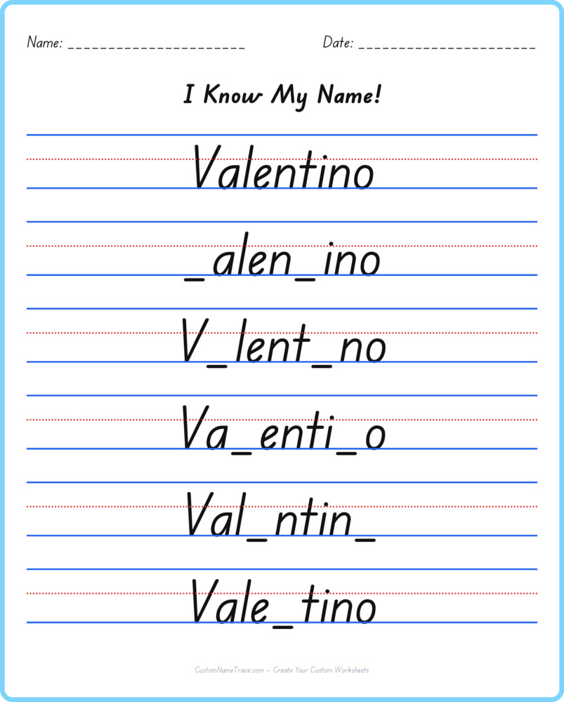 Free Valentino custom name tracing - fill-in-the-blank free worksheet