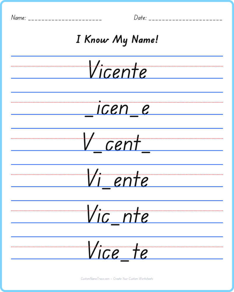 Free Vicente custom name tracing - fill-in-the-blank free worksheet