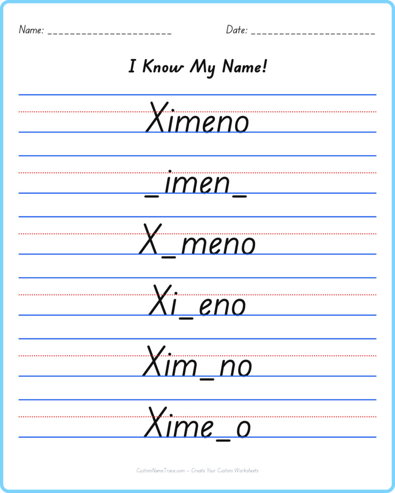 Free Ximeno custom name tracing - fill-in-the-blank free worksheet