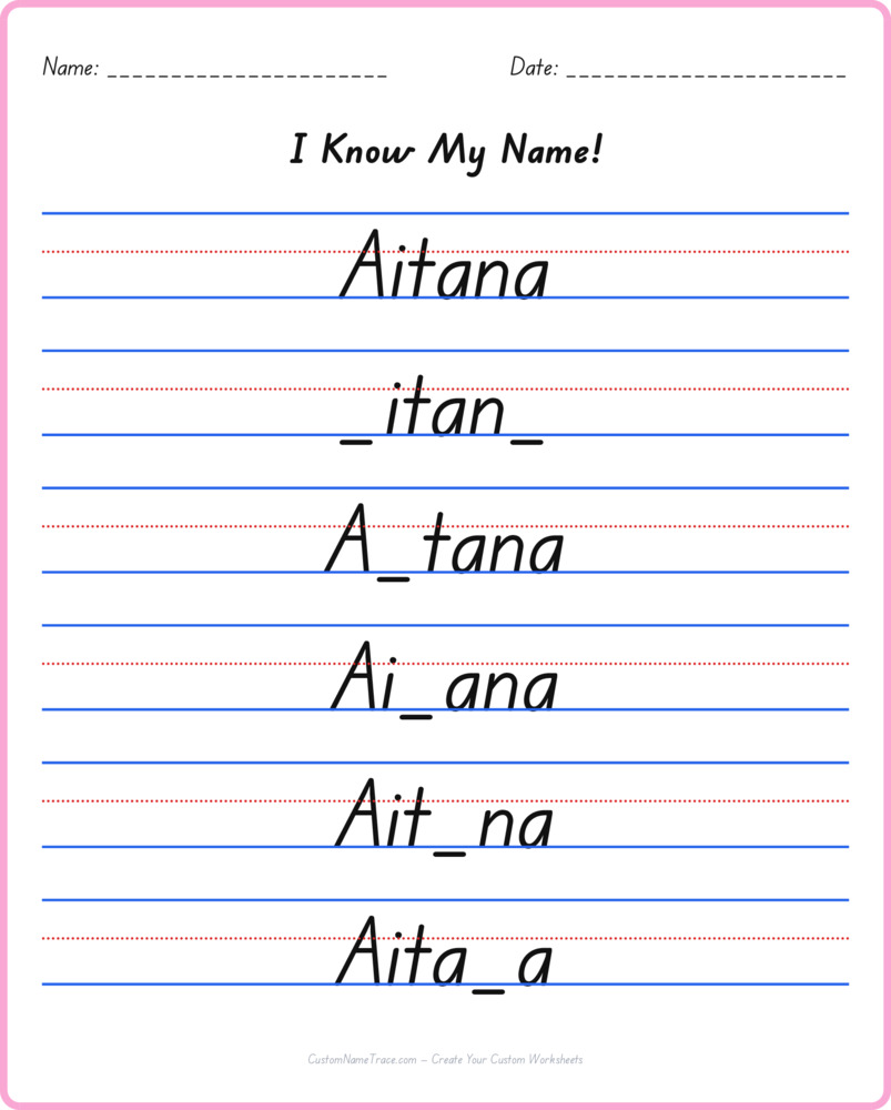 Free Aitana custom name tracing - fill-in-the-blank free worksheet