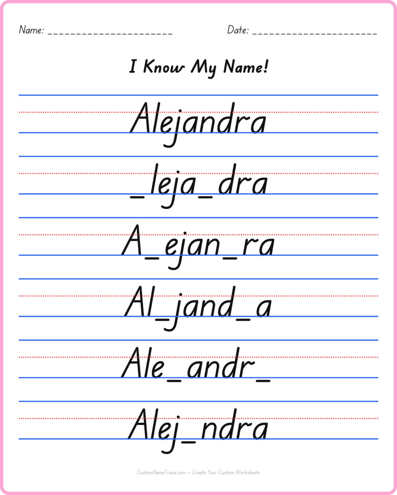 Free Alejandra custom name tracing - fill-in-the-blank free worksheet